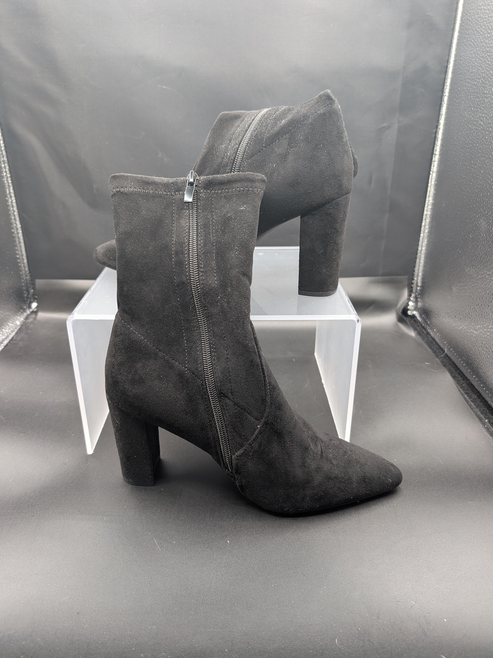Classic Black Suede Pointed Ankle Booties with Block Heel